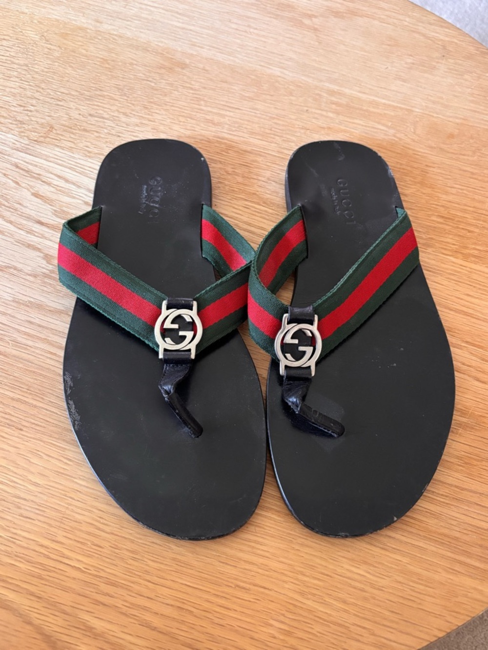 Gucci Men’s Black Leather Sandals with Red & Green Web Straps
